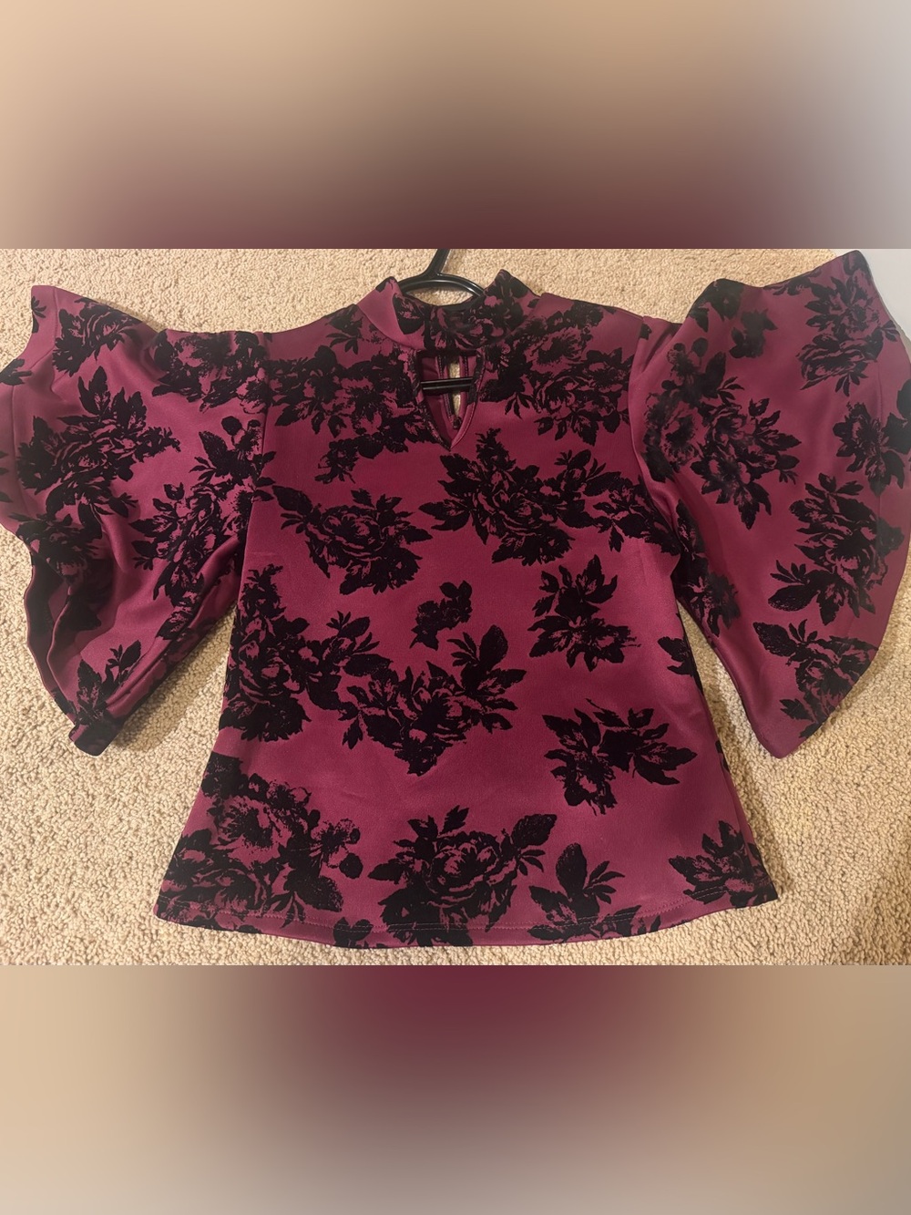Plum Velvet Floral Statement Sleeve Blouse – Size Small